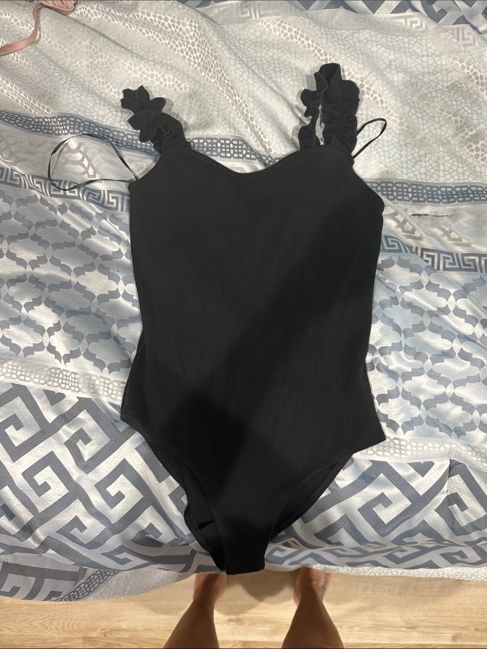 Black Ribbed Ruffle-Strap Bodysuit